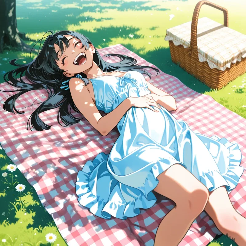 芝生の上にシートを広げてピクニック中、ぼそっと言った冗談がツボに入ってしまい、お腹を抱えて後ろにひっくり返りながら大爆笑している女の子
