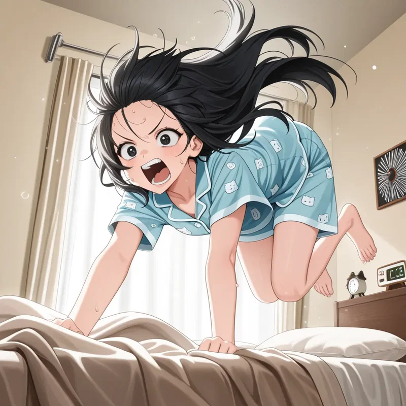 寝坊して飛び起きた女の子