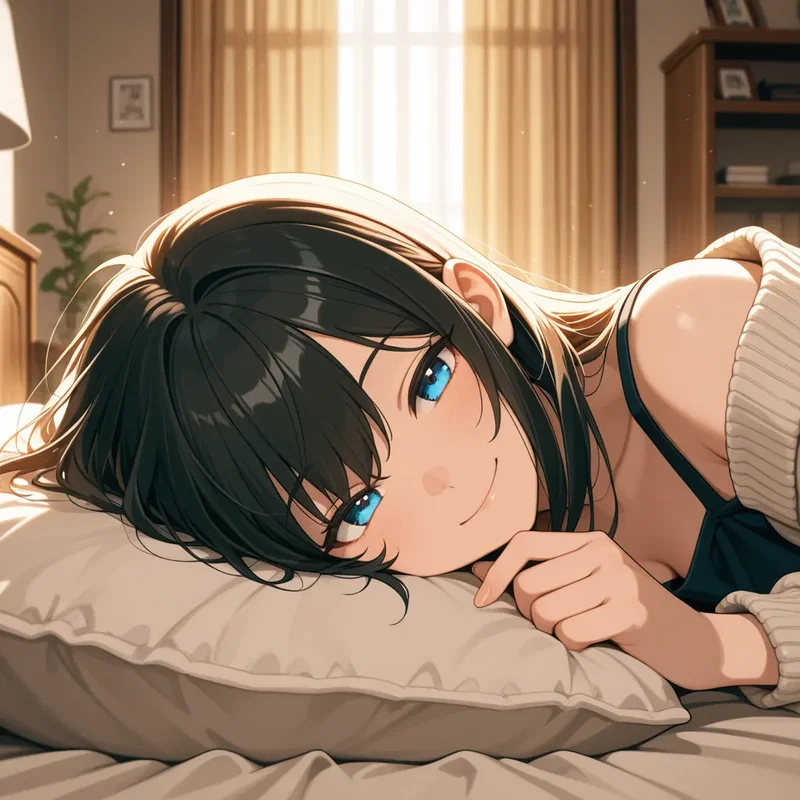 枕に顎を載せて上目遣いの女の子３