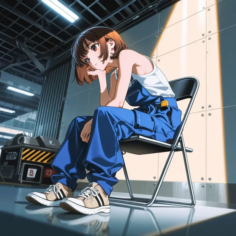 パイプ椅子に座って考え込む工場の整備士の女の子