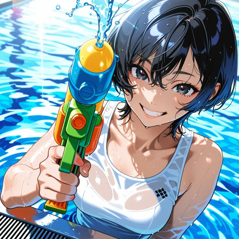 夏の庭のプールで、大きな水鉄砲持ってニカッといたずらっぽく笑う少女2