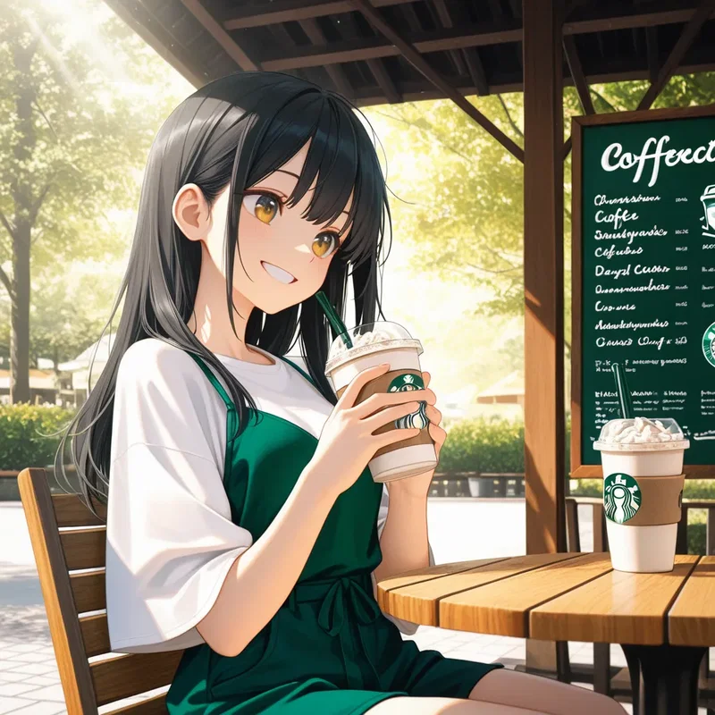 スタバのオープンカフェでくつろぐ女の子