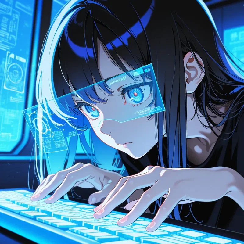 ホログラムキーボードを使うサイバーな女の子