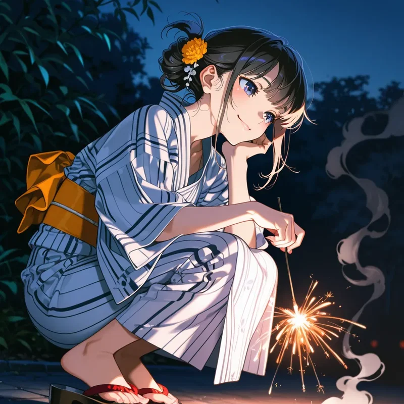 線香花火をする浴衣の少女2