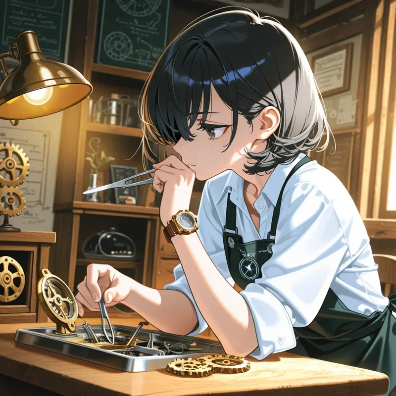 部品の検品をしている時計修理屋の女の子