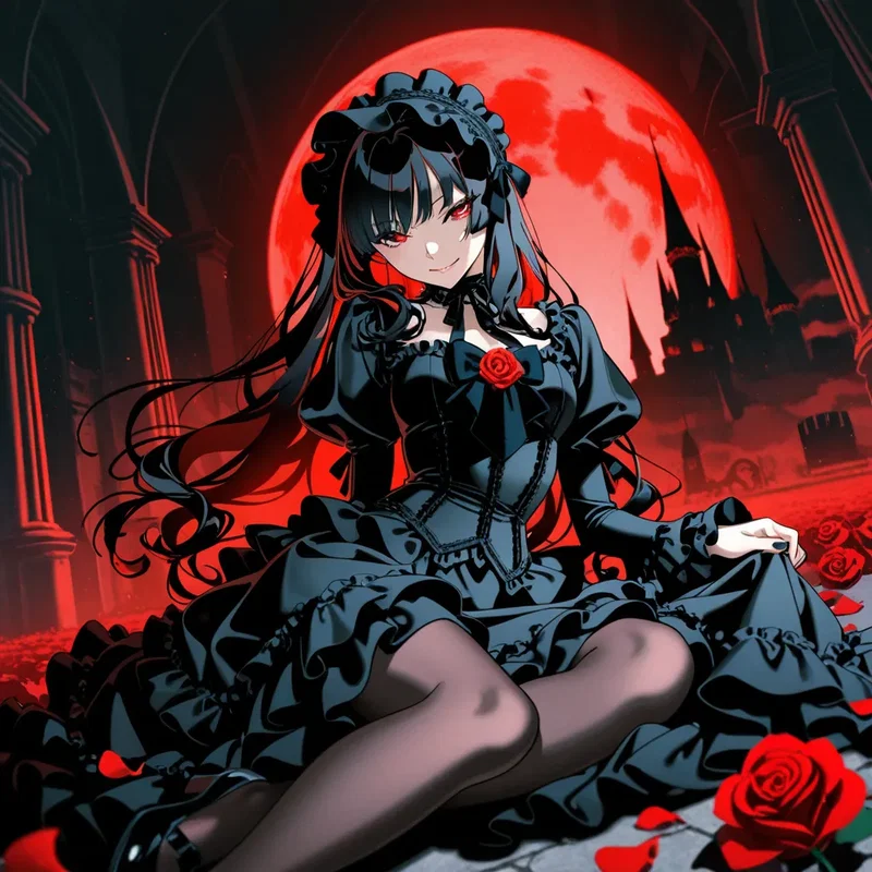 赤い月と舞い散る薔薇のゴスロリ少女