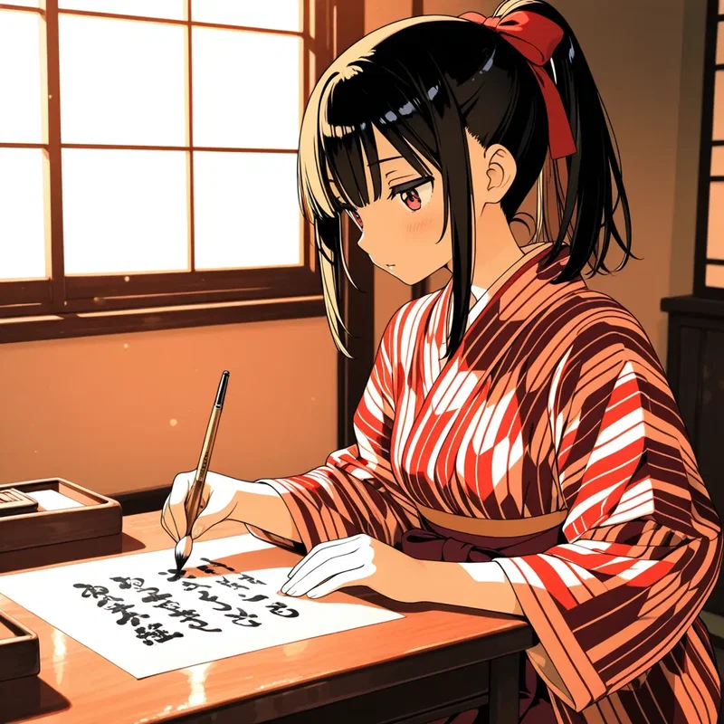 筆を使って習字の練習をする大正ハイカラ娘