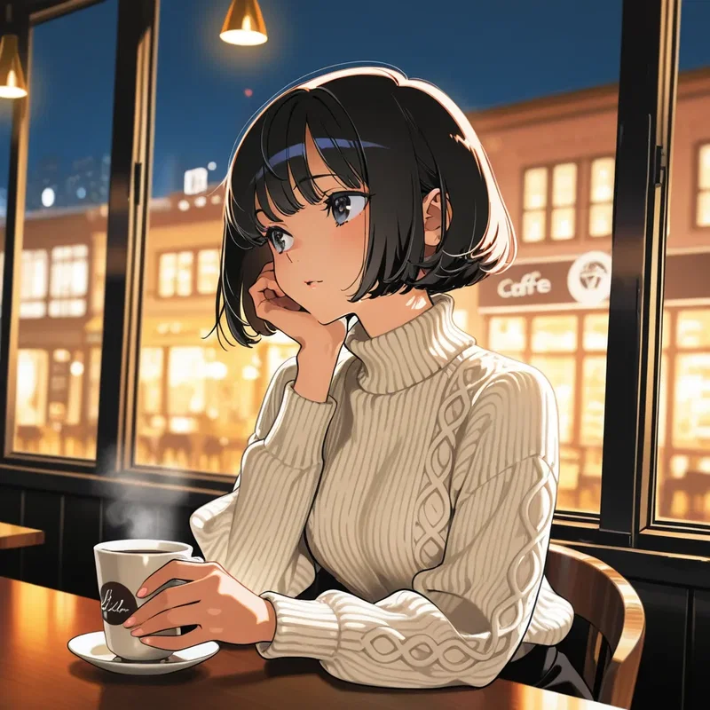 夜のカフェでコーヒーを飲むボブカットの女の子