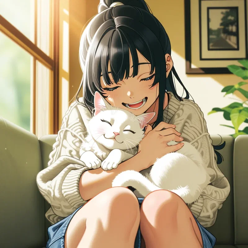 日差しが差し込むリビングのソファーで膝の上で丸まって眠っている猫を、優しく包み込む少女