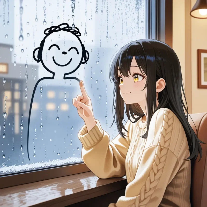 雨で白く曇った喫茶店のガラスに指で落書きする女の子