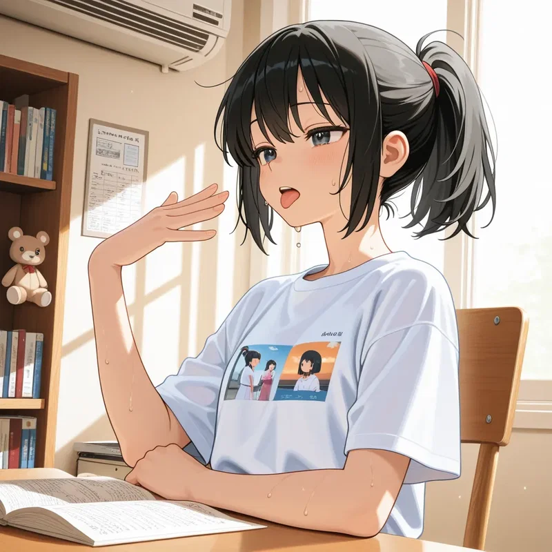 エアコンが壊れ暑すぎて全然勉強に集中できない女の子
