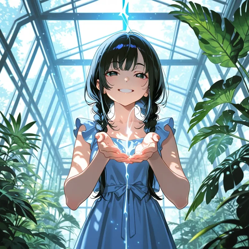 水を自在に操れる魔法で温室の植物に水やりをする少女