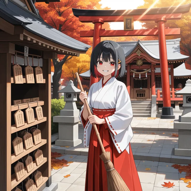 紅葉に染まった神社の境内を掃除する巫女さん