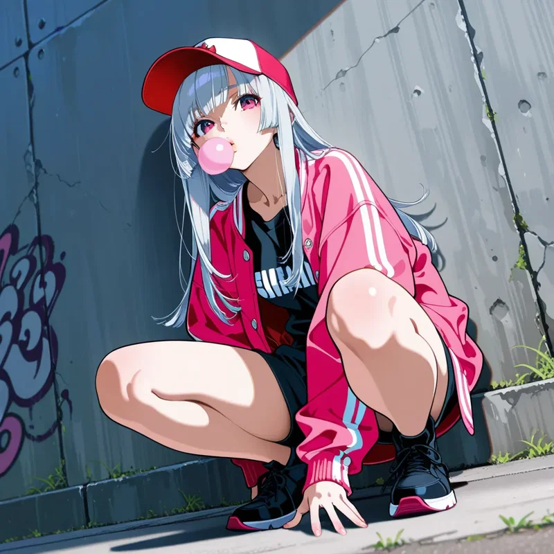 チューインガムを膨らませてしゃがんでる女の子