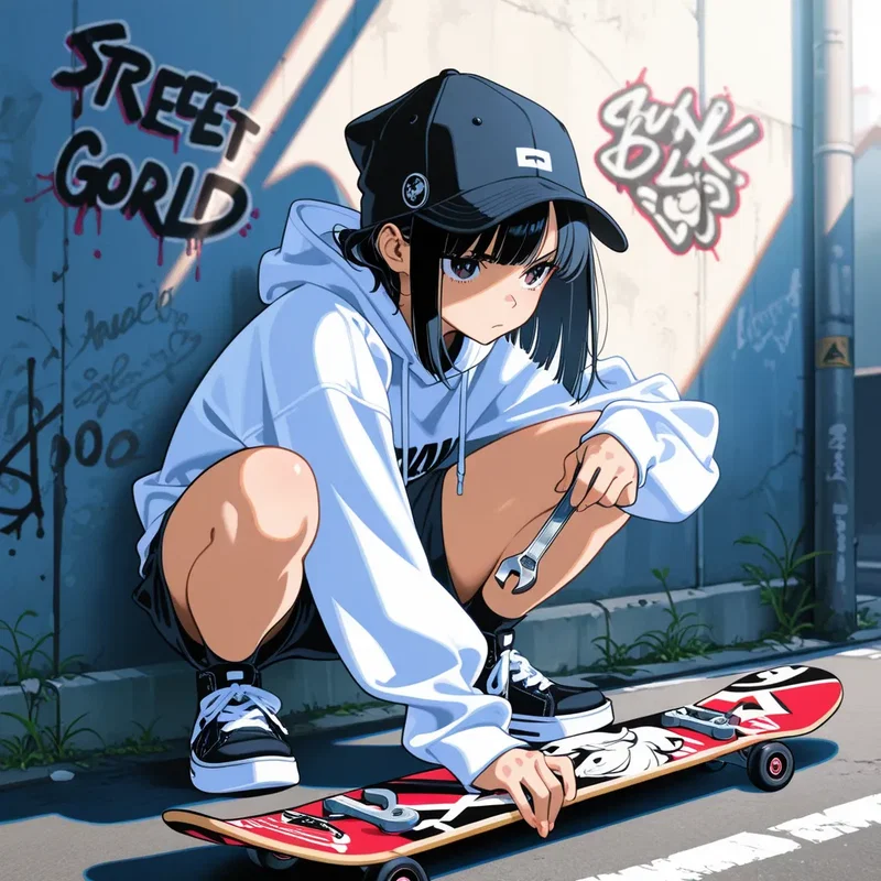 スケボーのメンテナンスをしようとストリート系の女の子