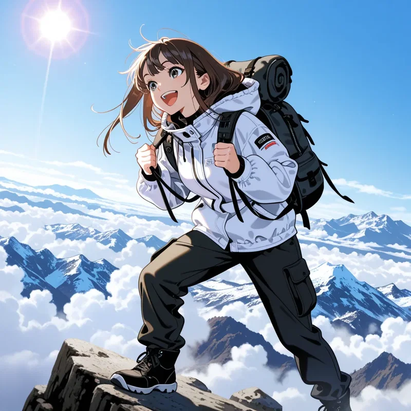 山頂に到着して喜んでいる少女