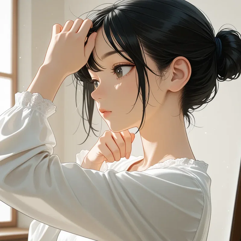 前髪が少し気になるお団子髪のお姉さん