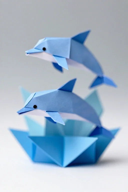 origami dolphins swimming in sea