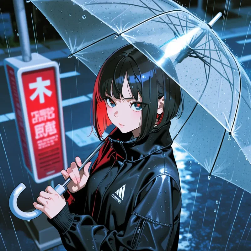 バス停の前でビニール傘をさして待ってる女の子