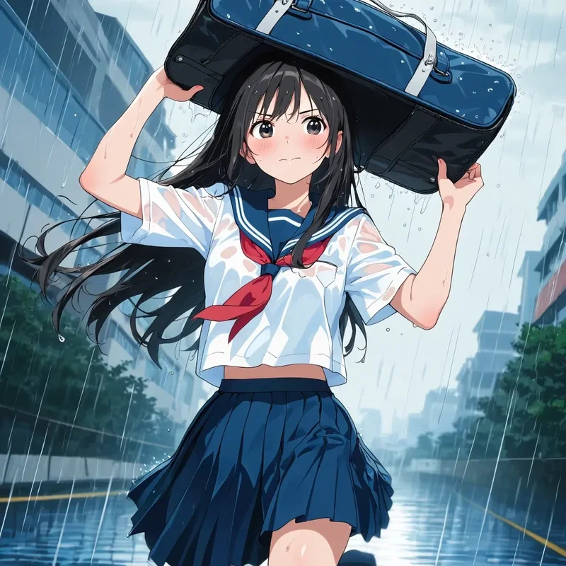 突然の大雨に駆け出す女の子