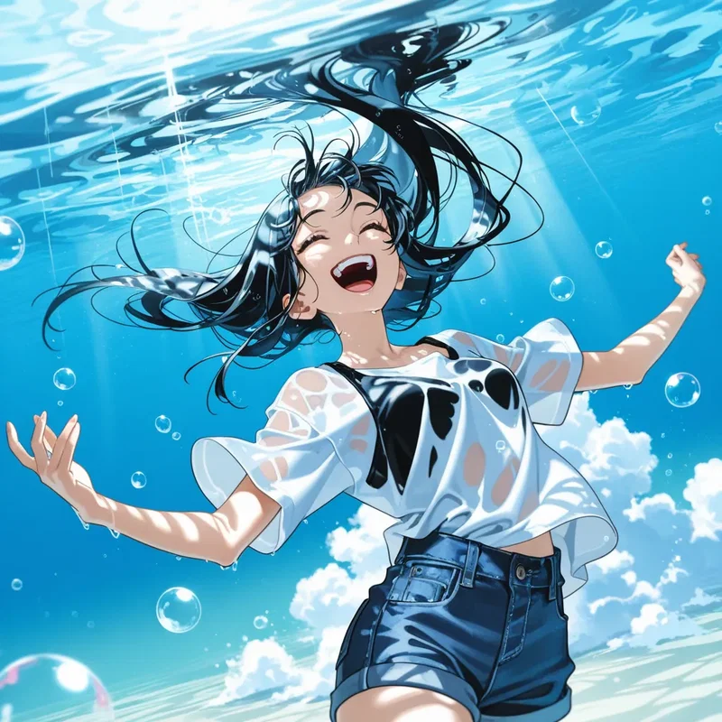 服を着たまま水の中に潜る少女