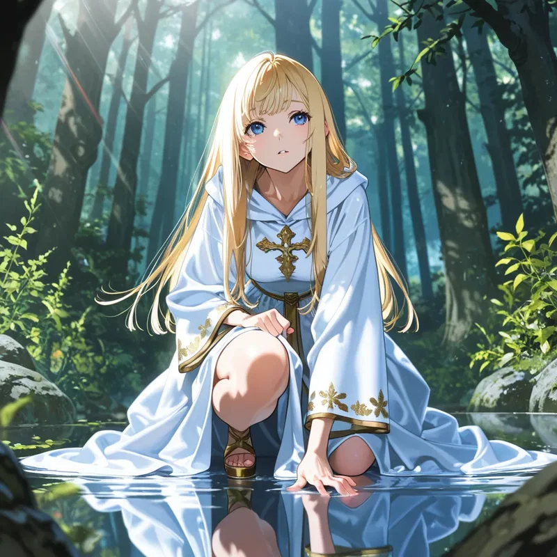 神聖な森の泉のほとりで片膝をつき、水面に手を伸ばしている聖女