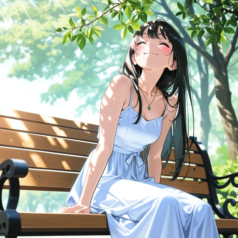 公園のベンチで木漏れ日を浴びて気持ちよさそうな女の子