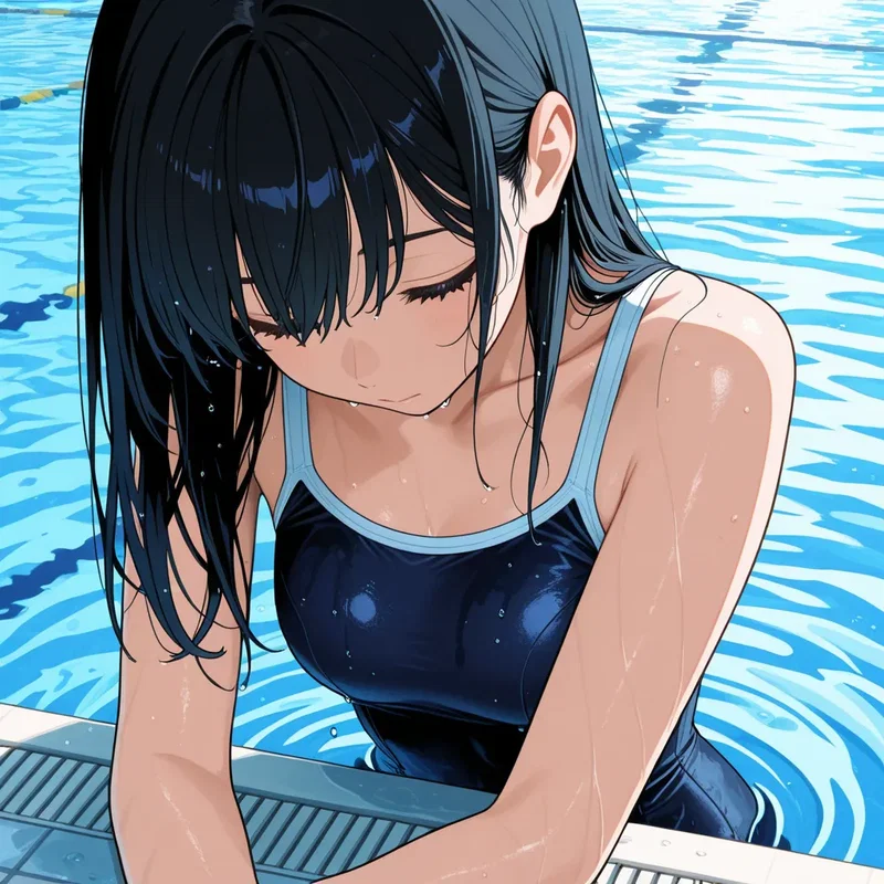 水泳帽を取って休憩している水泳部の女の子