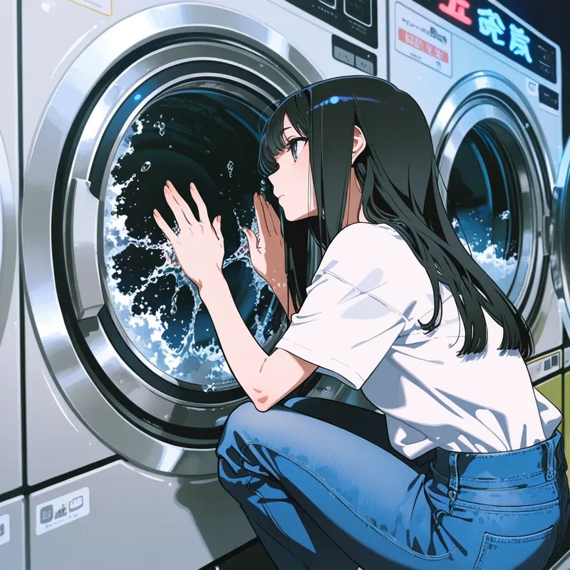 コインランドリーで洗濯機の中をずっと眺めている女の子