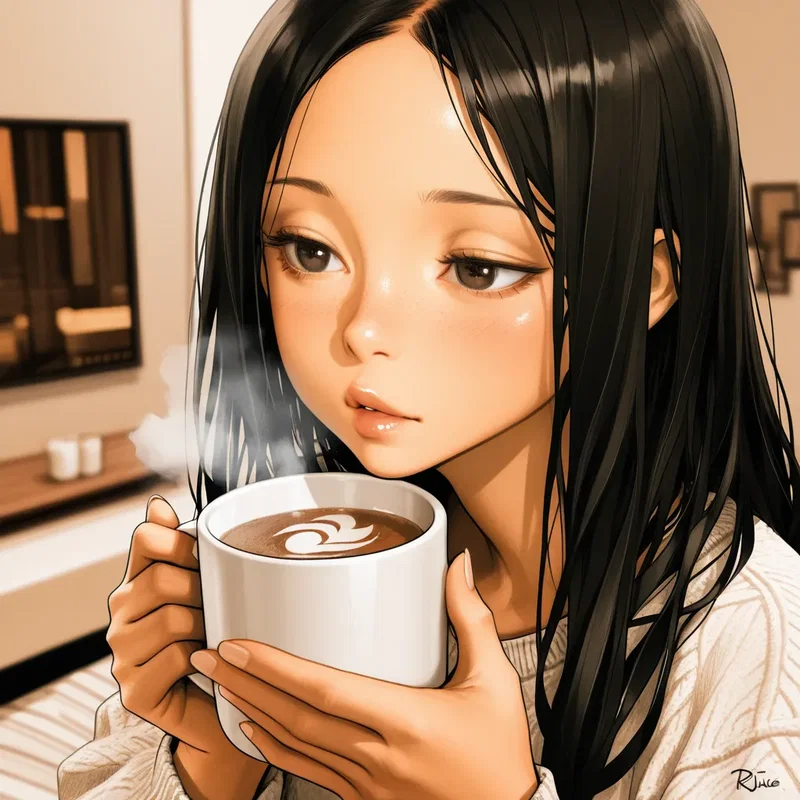 人気絵師のタグで作ったコーヒーを飲むお姉さん11