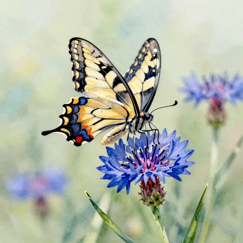 Papillon Machaon sur Bleuet