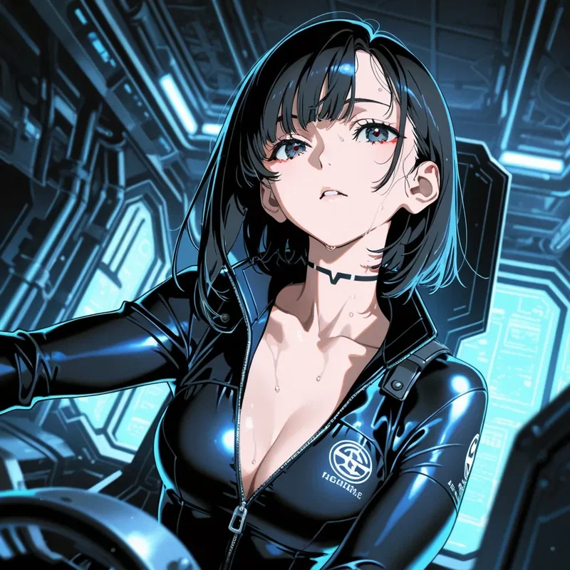近未来の宇宙船の格納庫で働くメカニック（整備士）の女の子