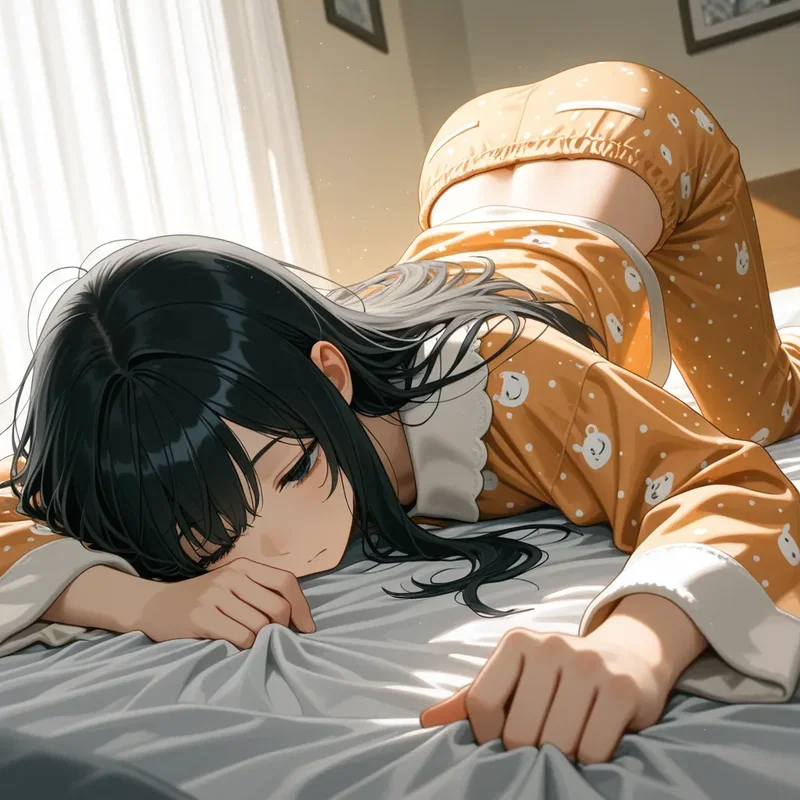 眠いけど遅刻するのでなんとか起きようとする女の子