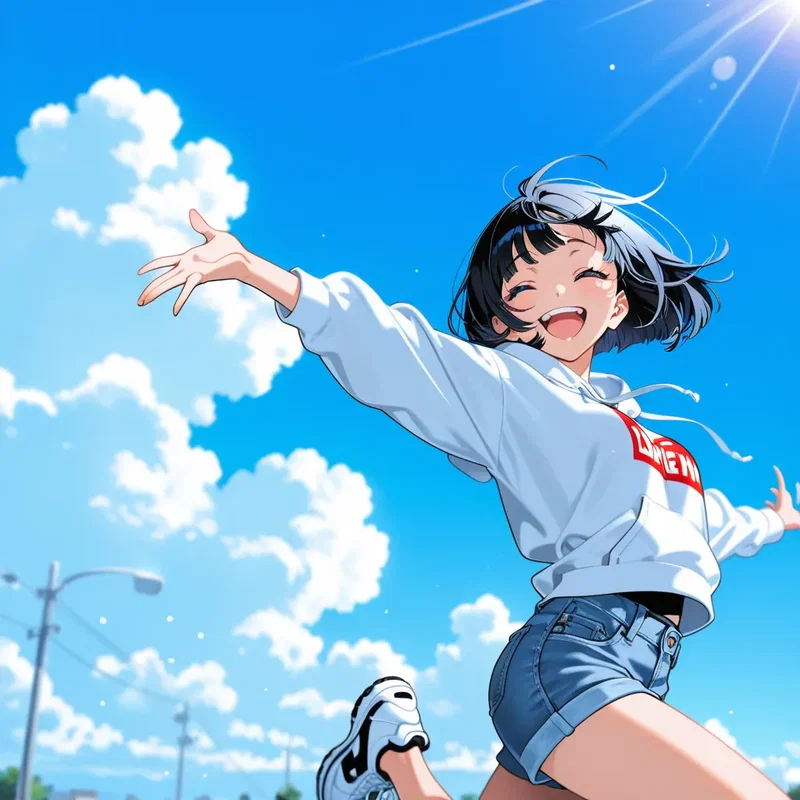 待ち合わせ場所にあなたが現れた瞬間、嬉しさが抑えきれずに「おーい！」と両手を大きく振って、満面の笑顔でこちらに駆け寄ってくる女の子１