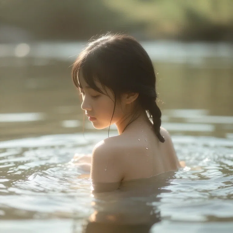girl submerged in sunlit river