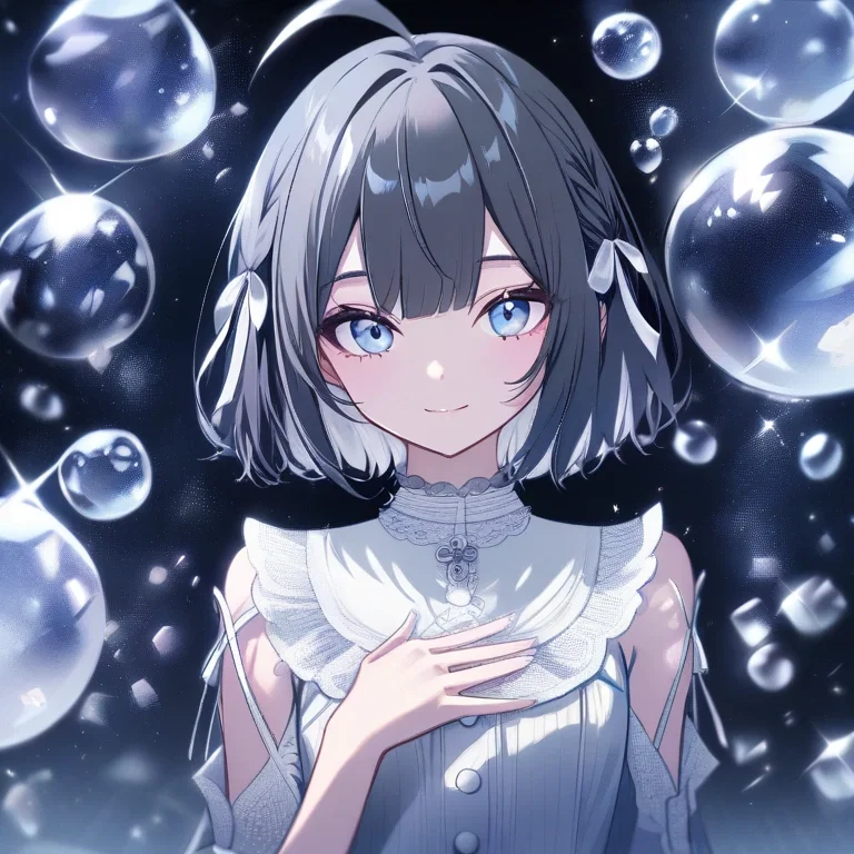 girl short gray hair blue eyes smiling casual