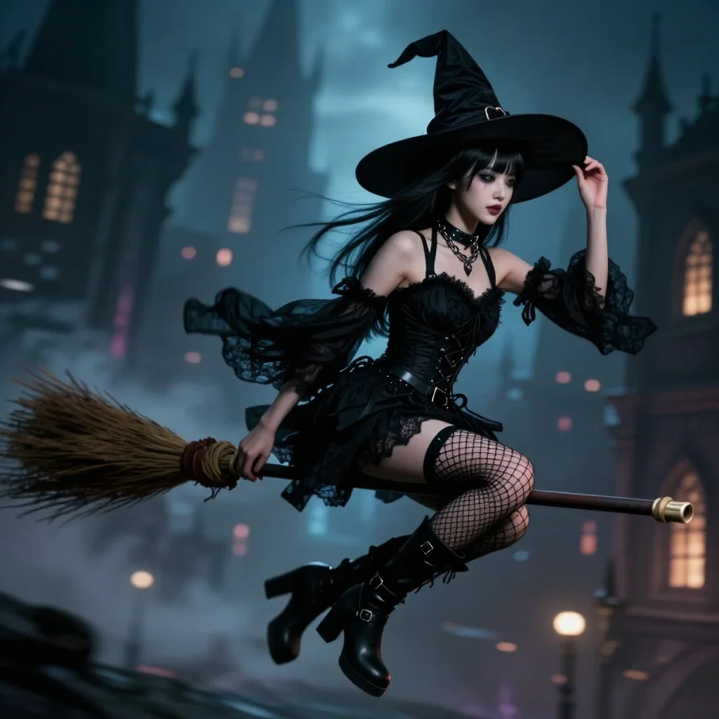young korean witch flying on broomstick