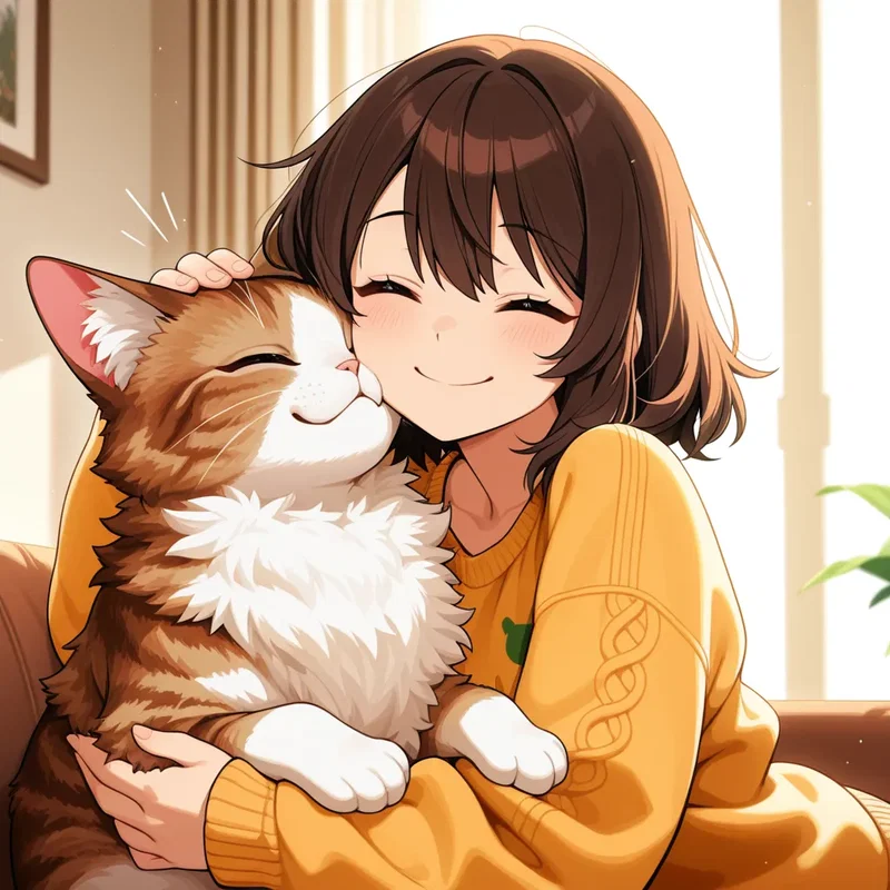 大きいモフモフの猫と顔をすりすりする飼い主少女