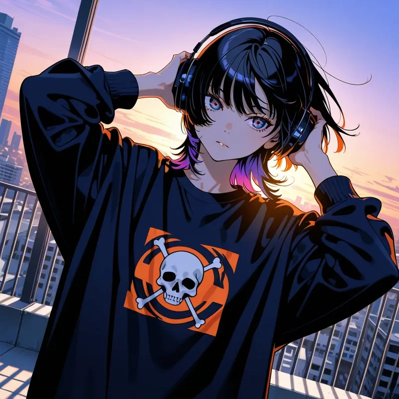 ビルの屋上、ヘッドホンで音楽を聴いている女の子3