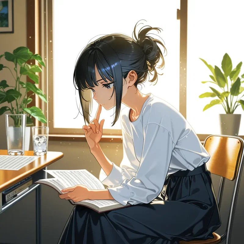 昔の楽譜を見つけ窓辺でページをめくる元ピアニストの女の子