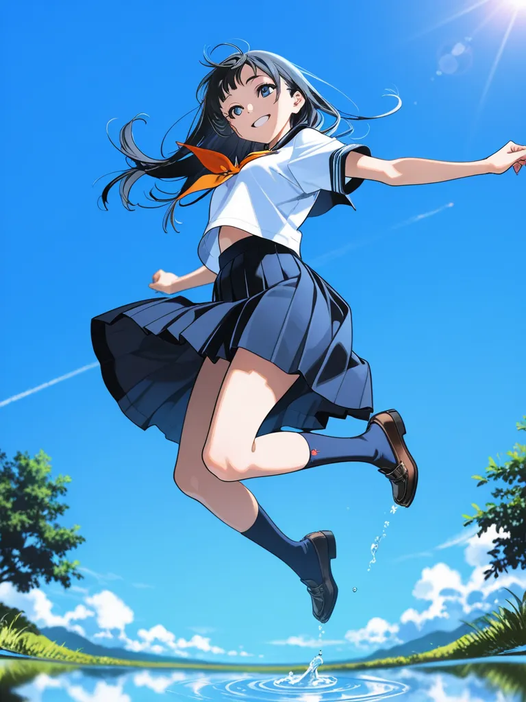 水たまりの上をジャンプして飛び越える少女