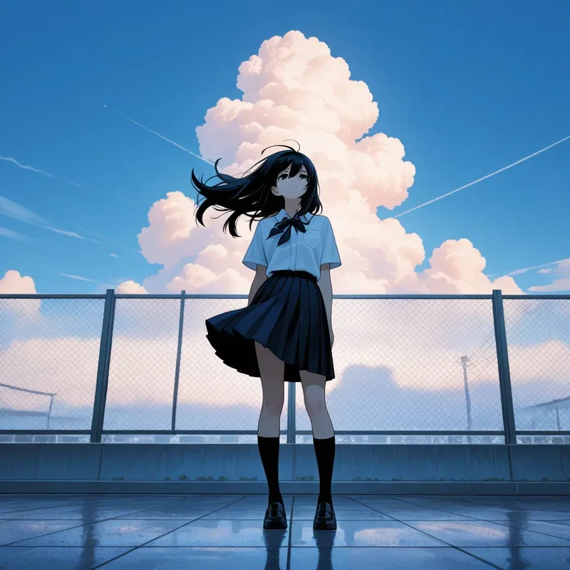 雨上がりの屋上の少女
