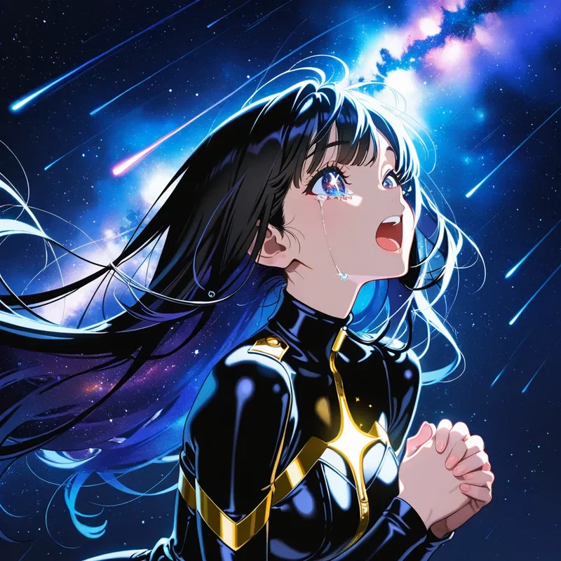 流星の数が多すぎてどの星にお願いをしていいかわからない宇宙船クルーの女の子