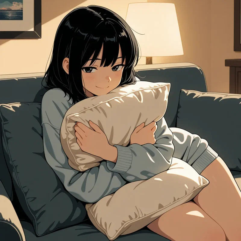 クッションを胸に抱いて見つめてくる女の子