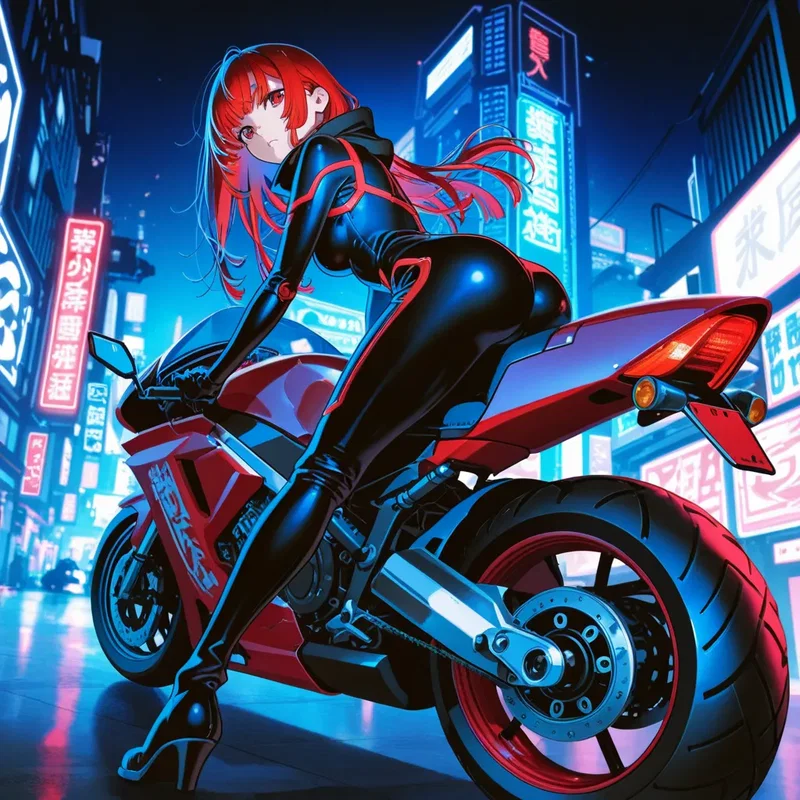 未来バイクにまたがる赤髪の女性２