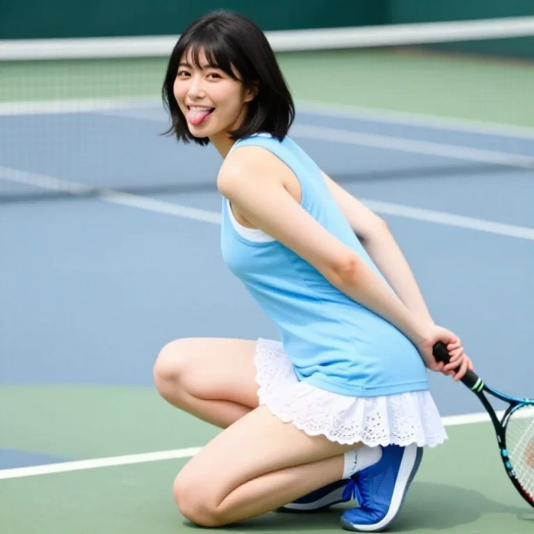 テニスコートでしゃがみこむ