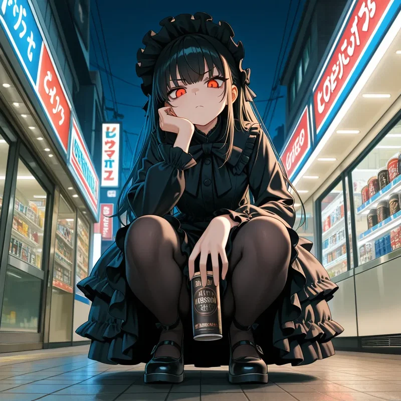 コンビニ前でヤンキー座りしているゴスロリのお嬢さん