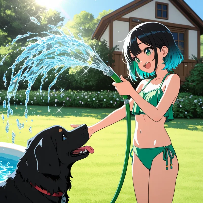 自宅の庭で飼い犬と一緒に水を撒く少女２
