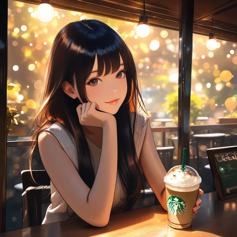 スタバのオープンカフェでくつろぐお姉さん