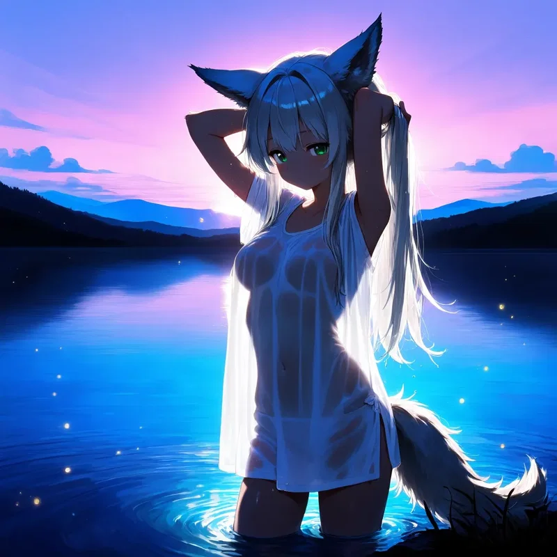 早朝の水浴び狼娘
